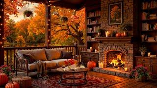 Relaxing Jazz Music and Crackling Fireplace in Cozy Autumn Porch Ambience  Jazz Music for Healing