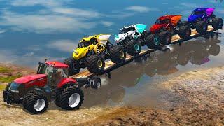 Transporter Monster Trucks With Flatbed Long Trailer Tractor Through Swamp - BeamNG.drive