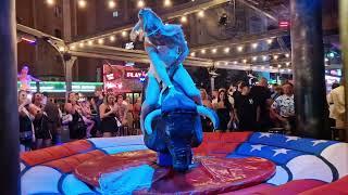 Benidorm Bull Ride. GIRL TAKE ON THE BULL!  Benidorm Bull Riding Challenge 2024 