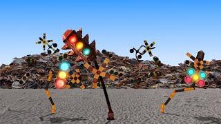 A mechanical creature transformed into a railroad crossing