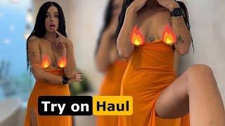 [4K] Try on Haul with Kerrisky | Transparent Orange Dress | See Through | No Bra