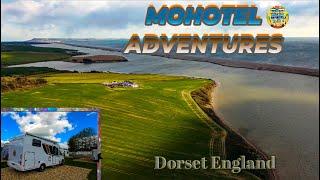 Dorset coast motorhome adventures to super clean & tidy Portesham dairy farm campsite Chesil beach