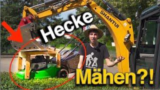 Hecke schneiden mit Rasenmäher am Bagger!! Genial oder Gefährlich?