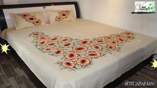 Flower Design On Bedsheet Painting Idea  | Handmade Fabric Bedsheet painting |How to Paint Bedsheet