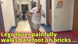 Lego lover painfully walks barefoot on bricks for world record