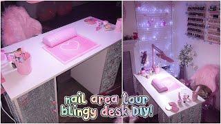 Nail Area TOUR 2020 ~ DIY Budget Glam Mirror Bling Manicure Desk! Cute Pink Decor Ideas Home Salon!