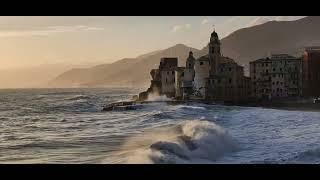 Beautiful View and Stormy Waves in Camogli, Liguria, Italy