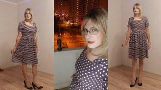 Polka Dot dress with nude makeup pantyhose and High-Heels. Cindy Crossdresser female transformation