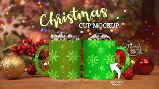 Christmas Video Coffee Cup Mockup Template with Green Screen Layer