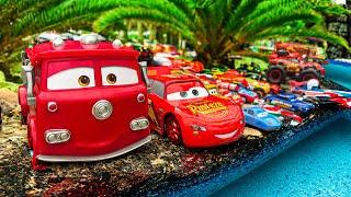 Disney Pixar Cars falling into deep pool, Lightning McQueen, Tow Mater, Mack, Sally, Francesco