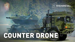 Rheinmetall Air Defence: Skynex truck-mounted engaging drone swarm