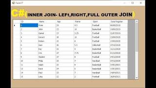 C#: Get data in datagridview from two tables using inner join and (Left - right - full) outer join.