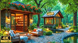 Relaxing Forest Bar Ambience with Gentle Piano Music & Birds Chirping – Cozy Night Vibes