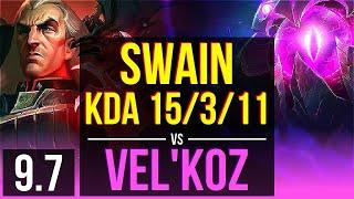 SWAIN vs VEL'KOZ (MID) | 4 early solo kills, KDA 15/3/11, Godlike | TR Grandmaster | v9.7