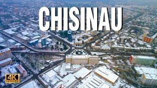 Chisinau Aerial Drone view of the capital of Moldova, first snow in 2023