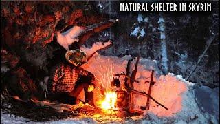 Deep Snow Winter Camping in Skyrim - Natural Bushcraft Shelter