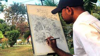 How To Draw Trees Landscape With Pen Sketch Tutorial | Draw Plein Air Sketching | Shahanoor Mamun