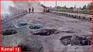 İmage of bridge destroyed by Ukrainians with HIMARS in Kursk - it is destroyed, car is on fire...