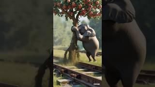An apple tree on the train tracks bears many fruits #aistory #cartoon #monkey #train #trees