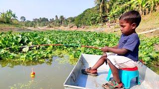 wow! little boy hunting fish by hook in beautiful nature - fish king Bd