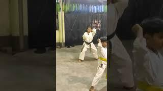 Jodan Empi Uchi .. (elbow strike ).karate technique..at  karate dojo practice..black belt 