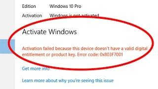 How to fix windows 10 activation failed with error code 0x803f7001