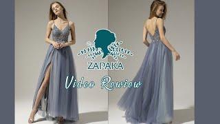 Women A-line V-neck Grey Blue Slit Tulle Prom Dress | ZAPAKA