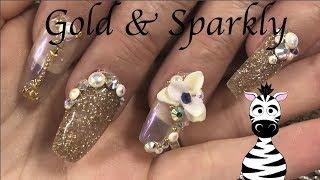 Gold Sparkly Acrylic Nail Art Tutorial
