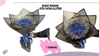 HOW TO MAKE A BOUQUET OF GLITTER SATIN RIBBON ROSES EASILY ||  WRAPPING A BOUQUET OF ROUND FLOWERS