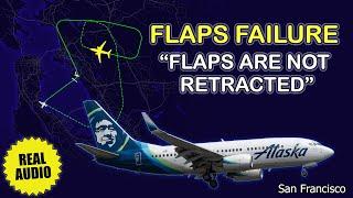 Flaps failure after takeoff. Alaska performs emergency landing at San Francisco. Real ATC