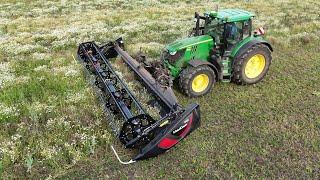 JOHN DEERE 6215 R mit ein MacDon D125 Bandschneidwerk am Kamille auf  Schwad legen__Griemsmann KG 4K