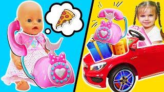 Maya and Lina pretend to play food delivery with Mom. Toy food for Baby Annabell doll. Toys for kids