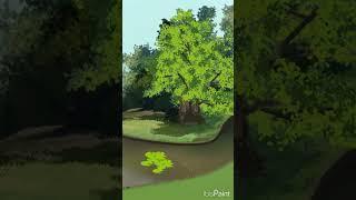 drawing of natural landscape with a forest and a pond | menggambar pemandangan hutan dan kolam