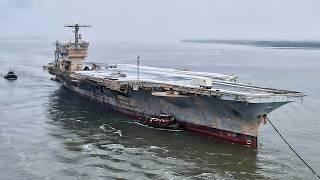 Moving the USS John F  Kennedy Aircraft Carrier - Drone Footage 4K