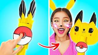 EASY PIKACHU ORIGAMI FAN || Rich VS Broke *How to make FREE DYI Fidgets by 123 GO! CHALLENGE