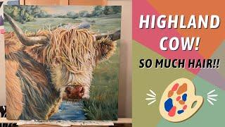 Long Hair Cow Acrylic Painting! HOW TO PAINT Hair or Fur! By: Annie Troe