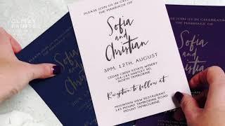 Silver foil wedding invitation in navy, blush or purple