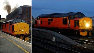 Bright orange 37405 blasts through Yorkshire station light engine  