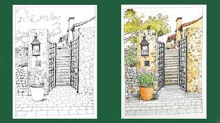 [Pen + Watercolor] Main Door - Urban Sketch (pen drawing & color mixing) by YU