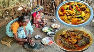 DRY FISH CURRY And VEGETABLES CURRY cooking &eating by our grandma||actual village life