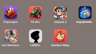 Cityscapes,Farming Simulator 20,Jetpack Joyride 2,Angry Birds Reloaded,Iron Marines,Stardew Valley +