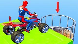 Superheroes by Quad Bike ride over the sea on the Spider-Man Bridge GTA 5 (Spider Shark Jumps)