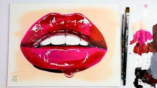 How to paint RED GLOSSY LIPS with acrylics / Easy Painting Vered