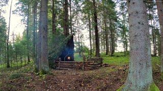 Solo Overnight at My Buschcraft Sheleter /Spit Roasted Campfire Chicken/ Swedish Wilderness