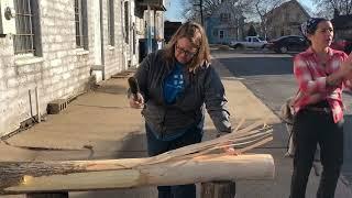 Martha Bird pounding Black Ash in preparation for making a basket with teacher April Stone (Ojibwe)