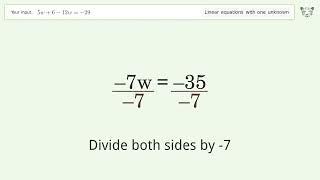 Solve 5w+6-12w=-29: Linear Equation Video Solution | Tiger Algebra