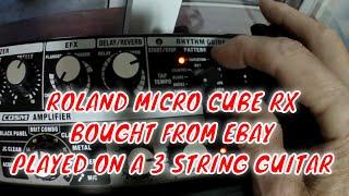 3 string guitar, played through a Roland Micro Cube RX, review drum rhythm for practice and busking.