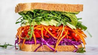 A Delicious California-Grown Veggie Rainbow Sandwich with Pistachio Basil Sandwich Spread