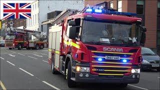 New fire engine and a ladder truck responding with two tone sirens