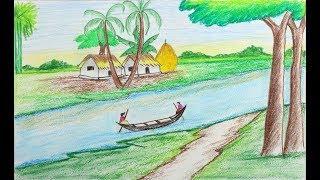How to draw a village scenery step by step